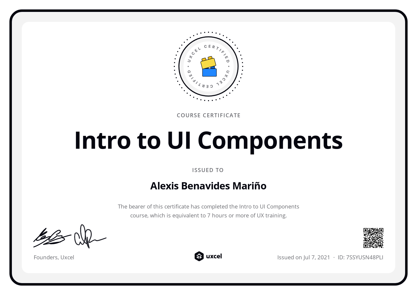 Alexis Benavides Mariño's certificate